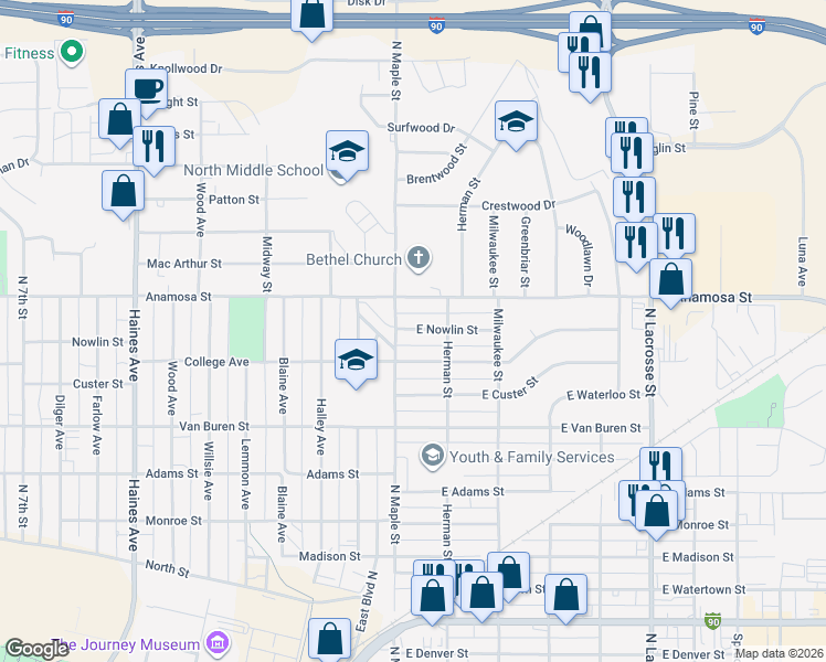 map of restaurants, bars, coffee shops, grocery stores, and more near 121 East Nowlin Street in Rapid City