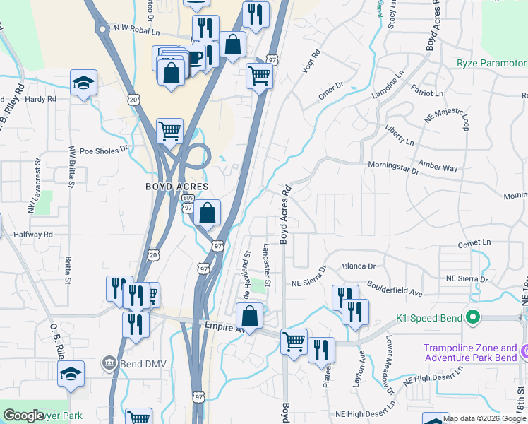 map of restaurants, bars, coffee shops, grocery stores, and more near 20511 Mutt Court in Bend