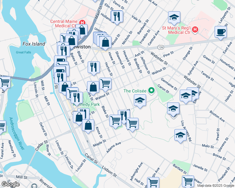 map of restaurants, bars, coffee shops, grocery stores, and more near 124 Horton Street in Lewiston