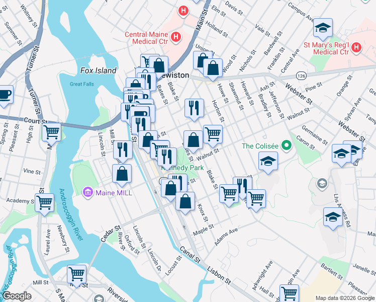 map of restaurants, bars, coffee shops, grocery stores, and more near 196 Bates Street in Lewiston