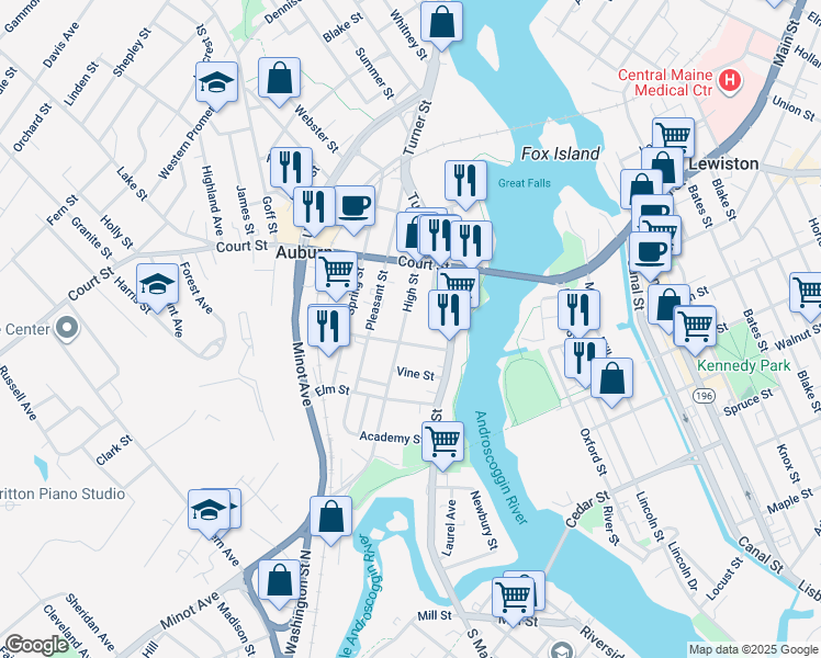 map of restaurants, bars, coffee shops, grocery stores, and more near 31 Drummond Street in Auburn