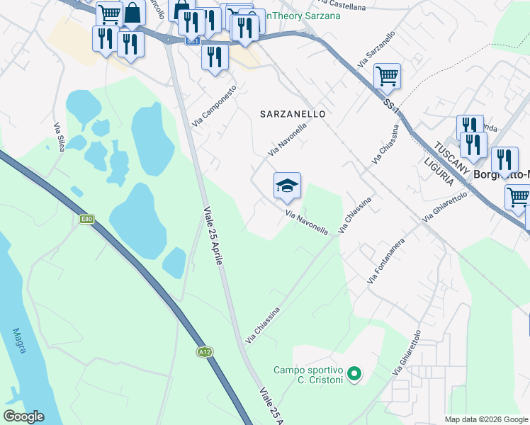 map of restaurants, bars, coffee shops, grocery stores, and more near 19 Via Navonella in Sarzana