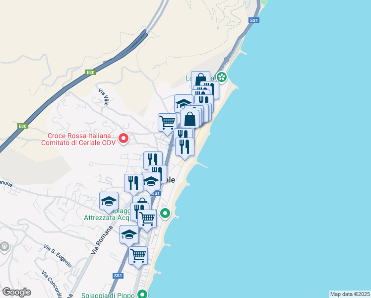 map of restaurants, bars, coffee shops, grocery stores, and more near 59 Via I Maggio in Ceriale