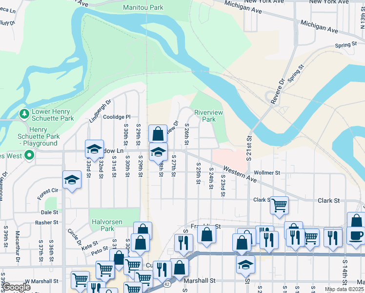 map of restaurants, bars, coffee shops, grocery stores, and more near 2606 Meadow Lane in Manitowoc