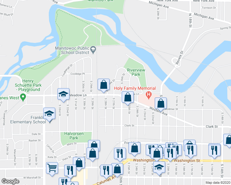 map of restaurants, bars, coffee shops, grocery stores, and more near 2616 Meadow Lane in Manitowoc