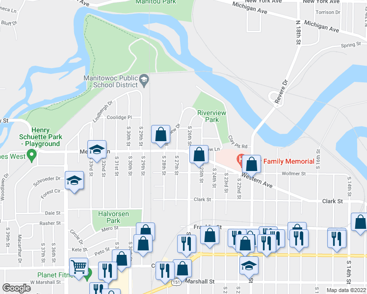 map of restaurants, bars, coffee shops, grocery stores, and more near 2610 Meadow Lane in Manitowoc
