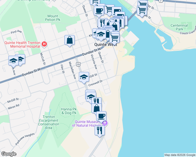 map of restaurants, bars, coffee shops, grocery stores, and more near in Quinte West