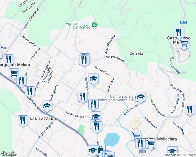 map of restaurants, bars, coffee shops, grocery stores, and more near 118 Via Canale in Colombiera-molicciara