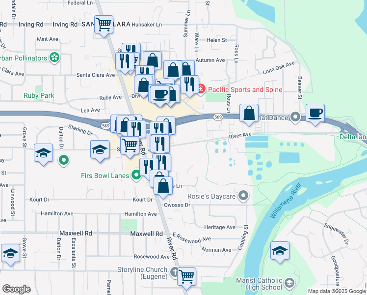 map of restaurants, bars, coffee shops, grocery stores, and more near 150 River Avenue in Eugene