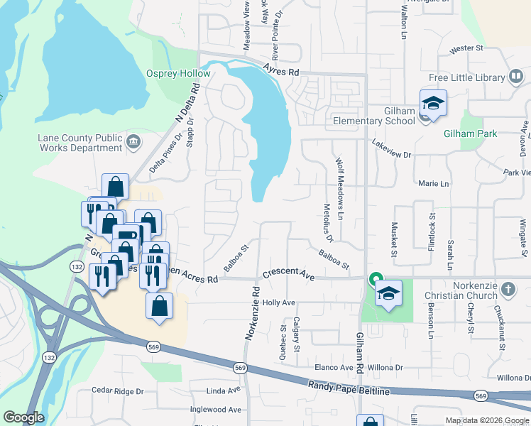 map of restaurants, bars, coffee shops, grocery stores, and more near 2930 Norkenzie Road in Eugene