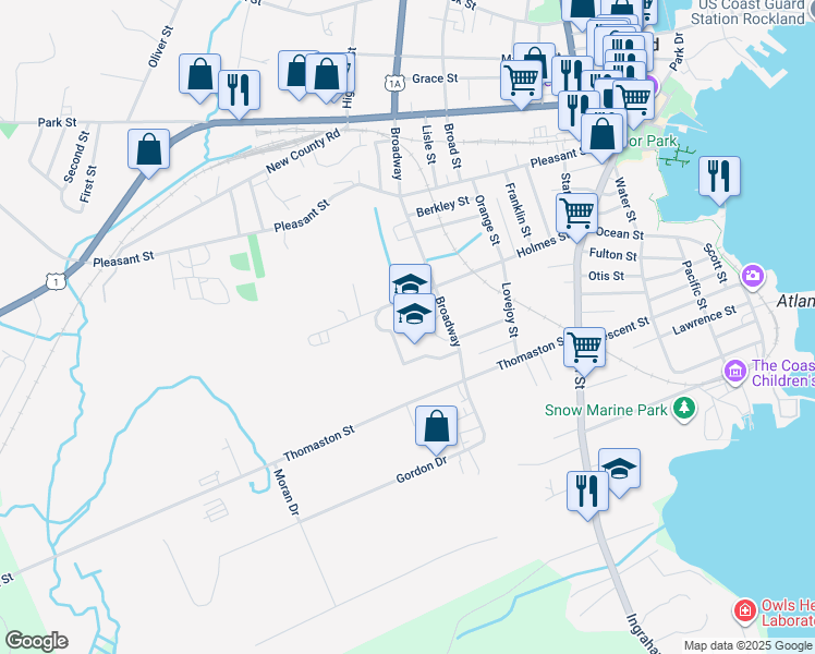 map of restaurants, bars, coffee shops, grocery stores, and more near 100 Holmes Street in Rockland