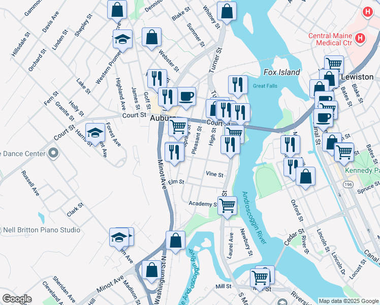 map of restaurants, bars, coffee shops, grocery stores, and more near 123 Pleasant Street in Auburn
