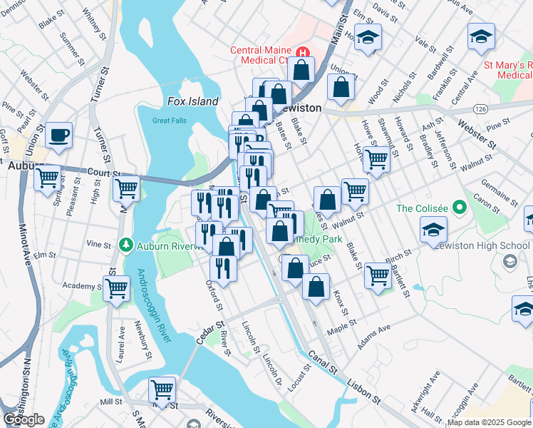 map of restaurants, bars, coffee shops, grocery stores, and more near 182 Lisbon Street in Lewiston