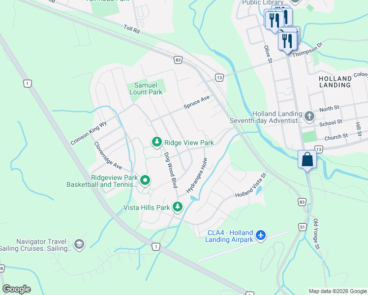 map of restaurants, bars, coffee shops, grocery stores, and more near 64 Charlotte Abby Drive in East Gwillimbury