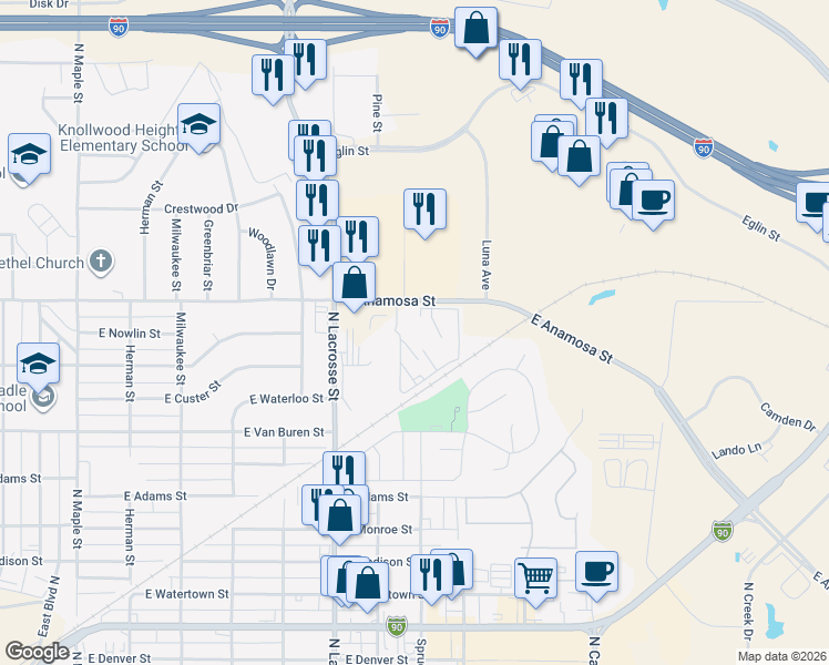map of restaurants, bars, coffee shops, grocery stores, and more near 725 East Anamosa Street in Rapid City