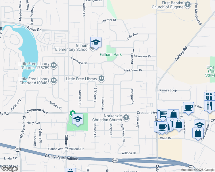map of restaurants, bars, coffee shops, grocery stores, and more near 2898 Cheryl Street in Eugene