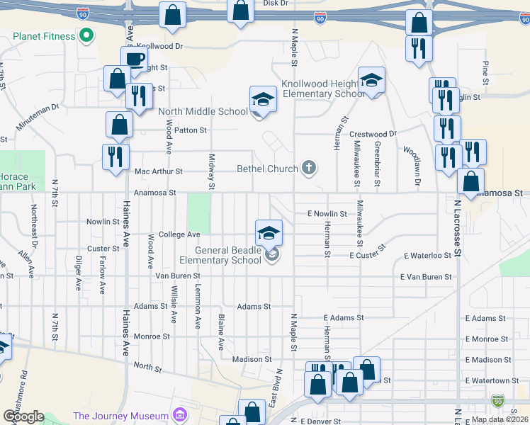 map of restaurants, bars, coffee shops, grocery stores, and more near 1111 Holcomb Avenue in Rapid City