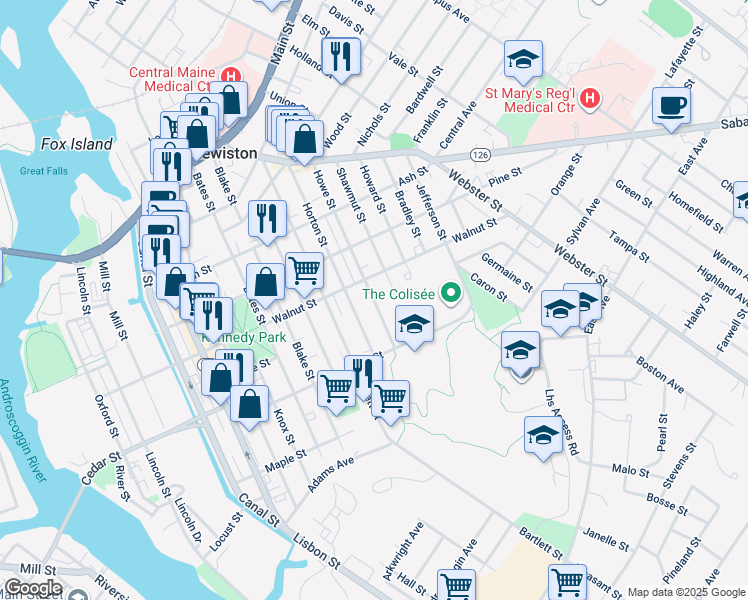 map of restaurants, bars, coffee shops, grocery stores, and more near 124 Horton Street in Lewiston