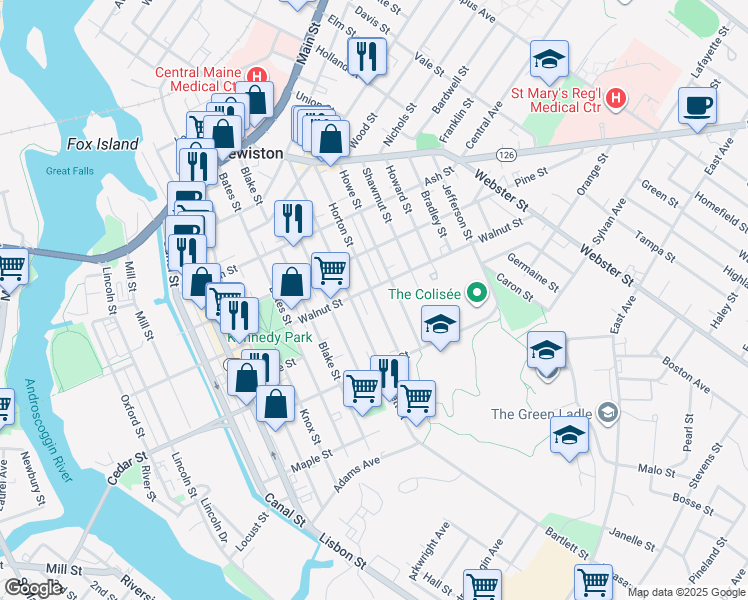 map of restaurants, bars, coffee shops, grocery stores, and more near 124 Horton Street in Lewiston