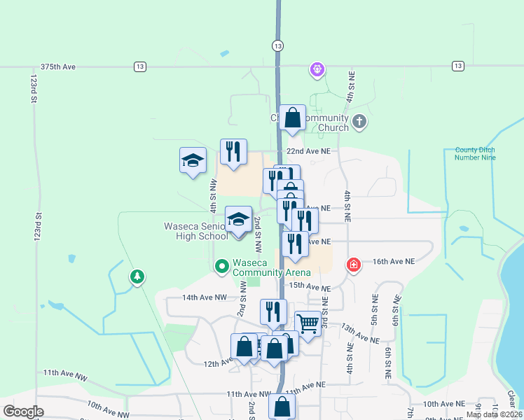 map of restaurants, bars, coffee shops, grocery stores, and more near 1700-1798 2nd Street Northwest in Waseca