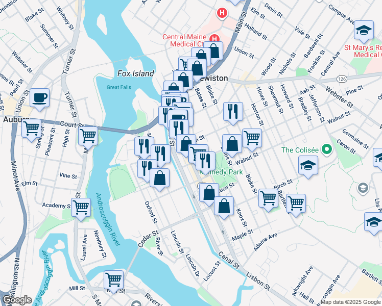 map of restaurants, bars, coffee shops, grocery stores, and more near 182 Lisbon Street in Lewiston