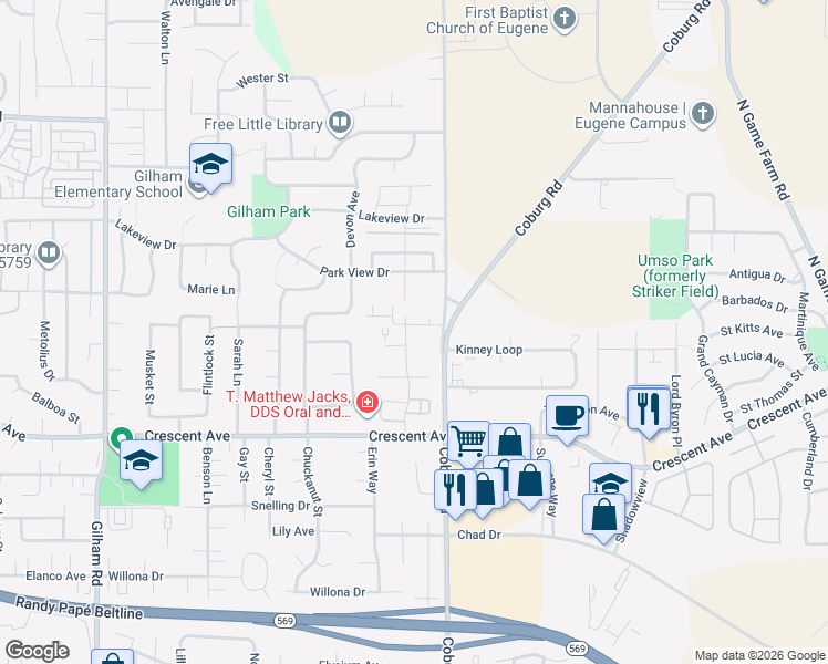 map of restaurants, bars, coffee shops, grocery stores, and more near 2975 Matt Drive in Eugene