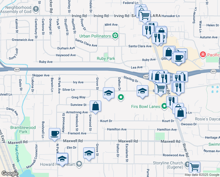 map of restaurants, bars, coffee shops, grocery stores, and more near 2110 Silver Lea Court in Eugene