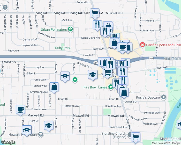 map of restaurants, bars, coffee shops, grocery stores, and more near 210 Sterling Drive in Eugene