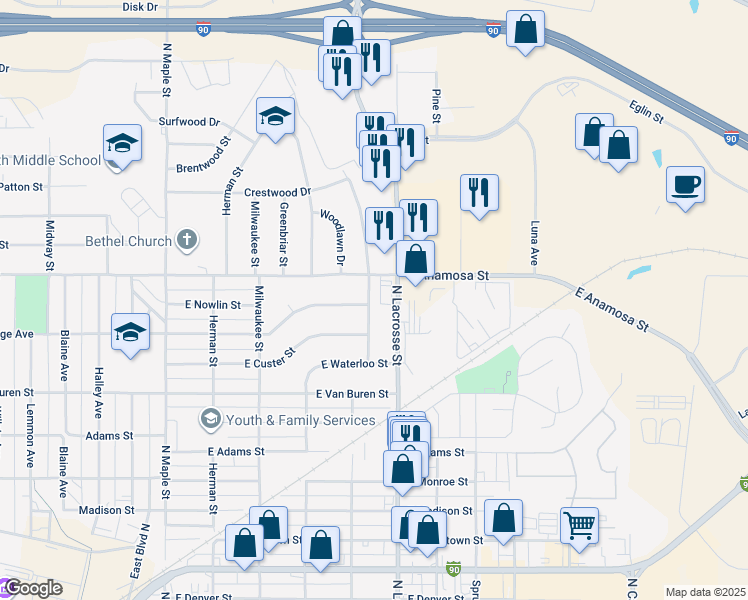map of restaurants, bars, coffee shops, grocery stores, and more near 1104 Racine Street in Rapid City