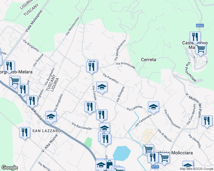 map of restaurants, bars, coffee shops, grocery stores, and more near 118 Via Canale in Colombiera-molicciara