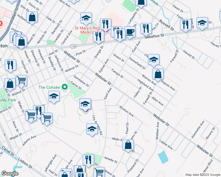 map of restaurants, bars, coffee shops, grocery stores, and more near 163 East Avenue in Lewiston
