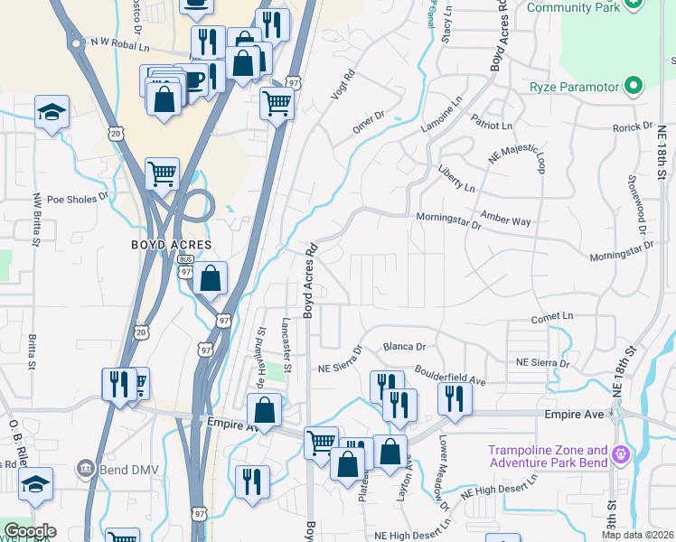 map of restaurants, bars, coffee shops, grocery stores, and more near 20593 Fred Meyers Road in Bend
