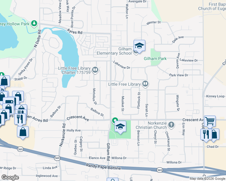 map of restaurants, bars, coffee shops, grocery stores, and more near 2962 Gilham Road in Eugene