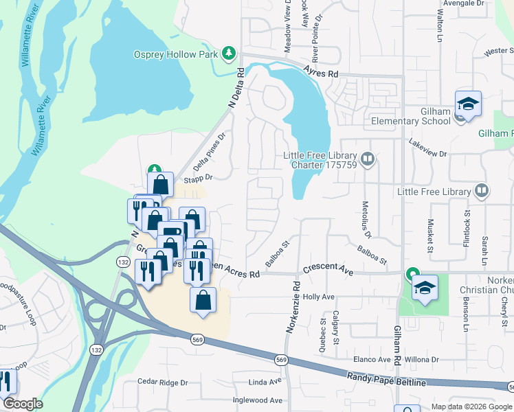 map of restaurants, bars, coffee shops, grocery stores, and more near 1475 Green Acres Road in Eugene