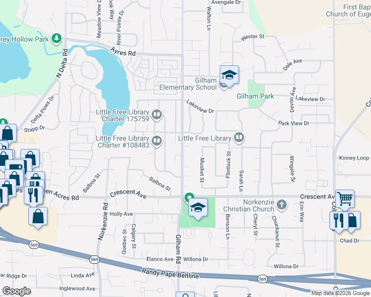 map of restaurants, bars, coffee shops, grocery stores, and more near 2962 Gilham Road in Eugene