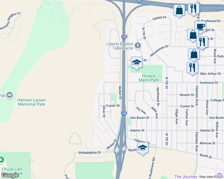 map of restaurants, bars, coffee shops, grocery stores, and more near 1075 Anamosa Street in Rapid City