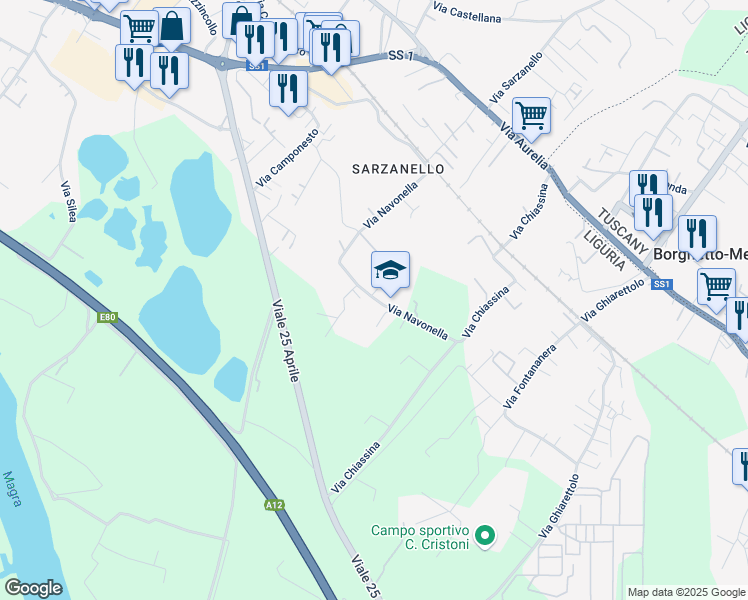 map of restaurants, bars, coffee shops, grocery stores, and more near 19 Via Navonella in Sarzana