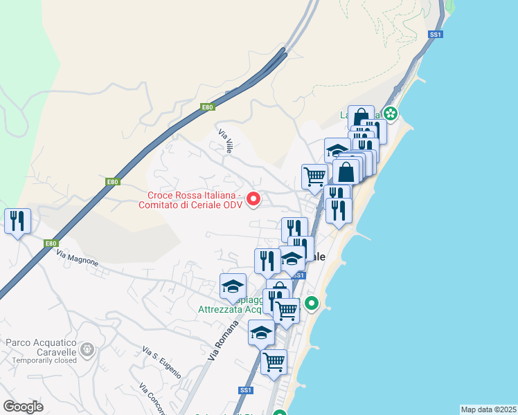 map of restaurants, bars, coffee shops, grocery stores, and more near 42b Via Pomaire in Ceriale