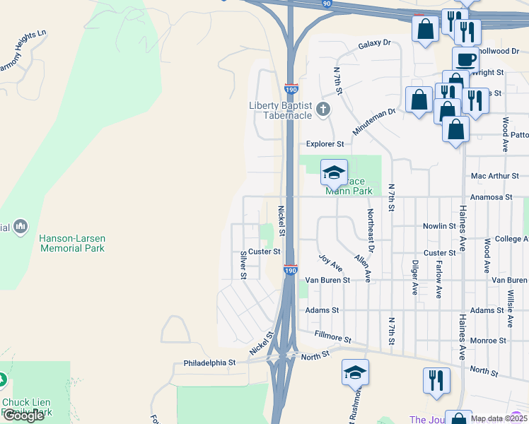 map of restaurants, bars, coffee shops, grocery stores, and more near 1111-1145 Nowlin Street in Rapid City