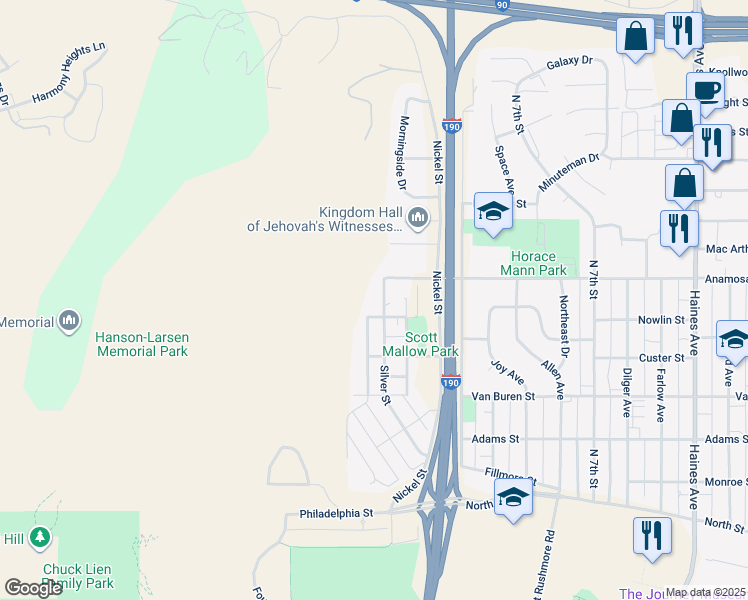 map of restaurants, bars, coffee shops, grocery stores, and more near 1210 Nowlin Street in Rapid City