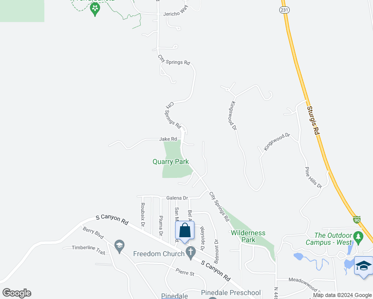 map of restaurants, bars, coffee shops, grocery stores, and more near 1102 City Springs Road in Rapid City