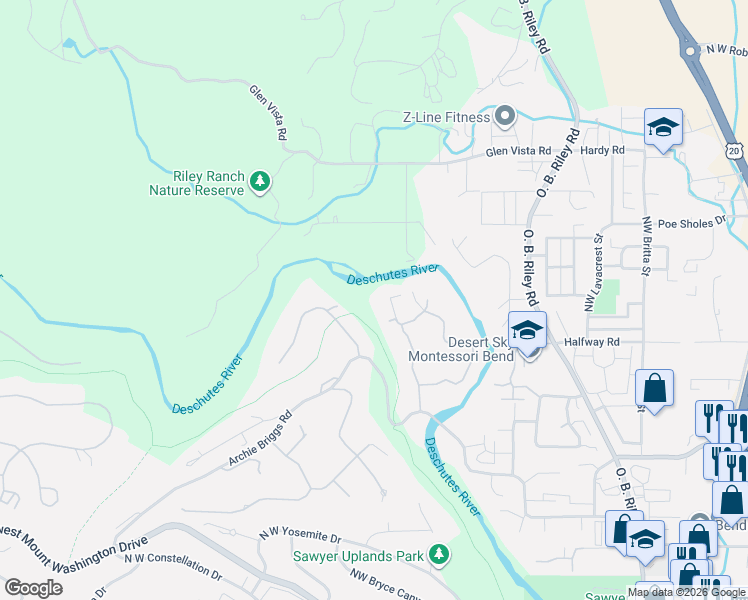 map of restaurants, bars, coffee shops, grocery stores, and more near 4173 Northwest Lower Village Road in Bend