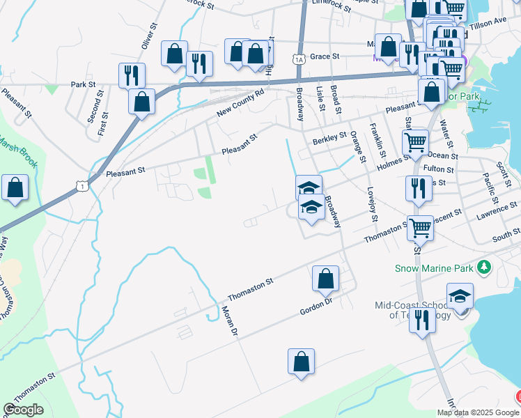 map of restaurants, bars, coffee shops, grocery stores, and more near 150 Holmes Street in Rockland