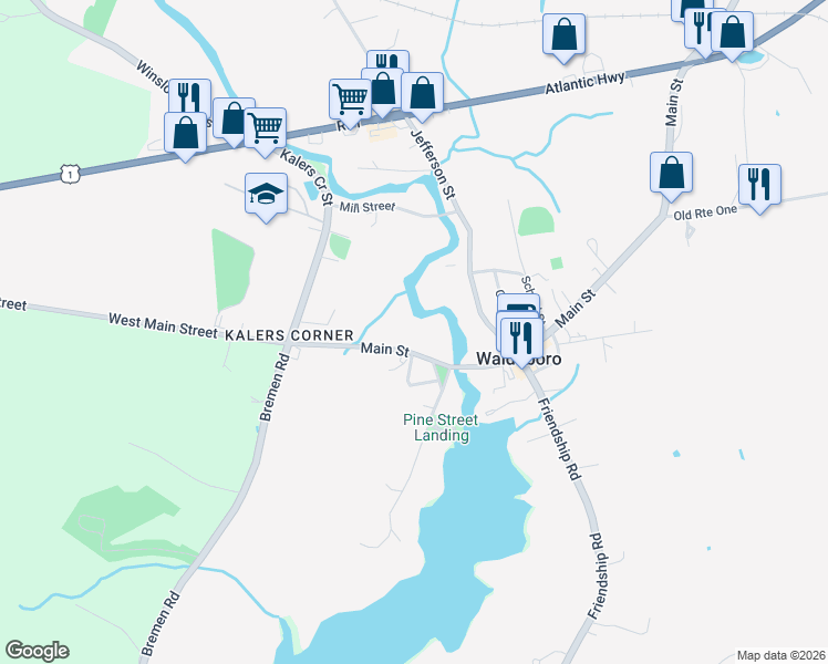 map of restaurants, bars, coffee shops, grocery stores, and more near 780 Main Street in Waldoboro