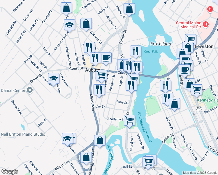 map of restaurants, bars, coffee shops, grocery stores, and more near 111 Pleasant Street in Auburn