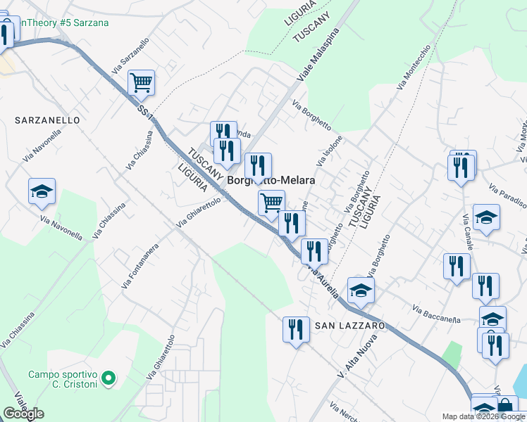 map of restaurants, bars, coffee shops, grocery stores, and more near 32A Via Aurelia in Borghetto-melara