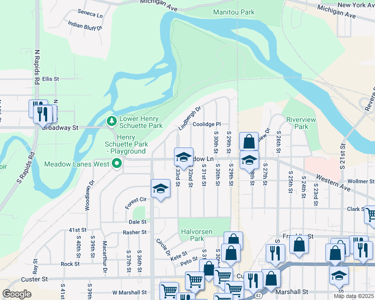 map of restaurants, bars, coffee shops, grocery stores, and more near 542 South 32nd Street in Manitowoc