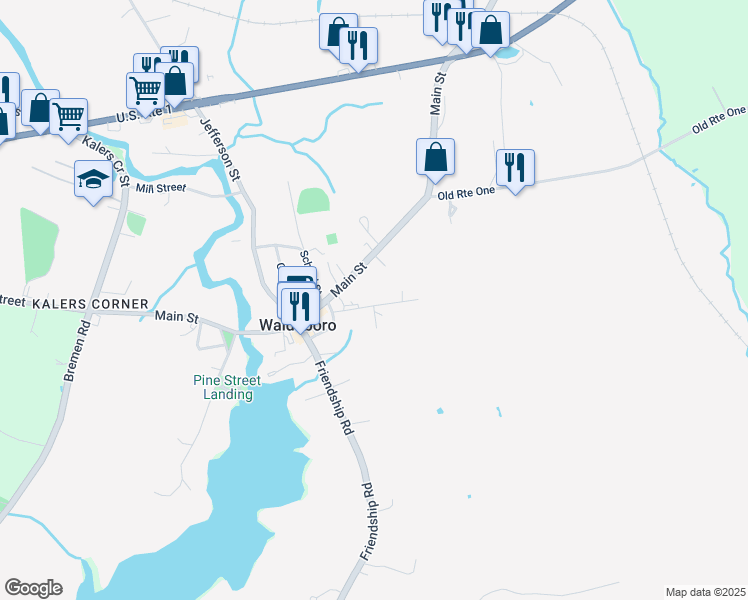map of restaurants, bars, coffee shops, grocery stores, and more near 8 Oak Street in Waldoboro