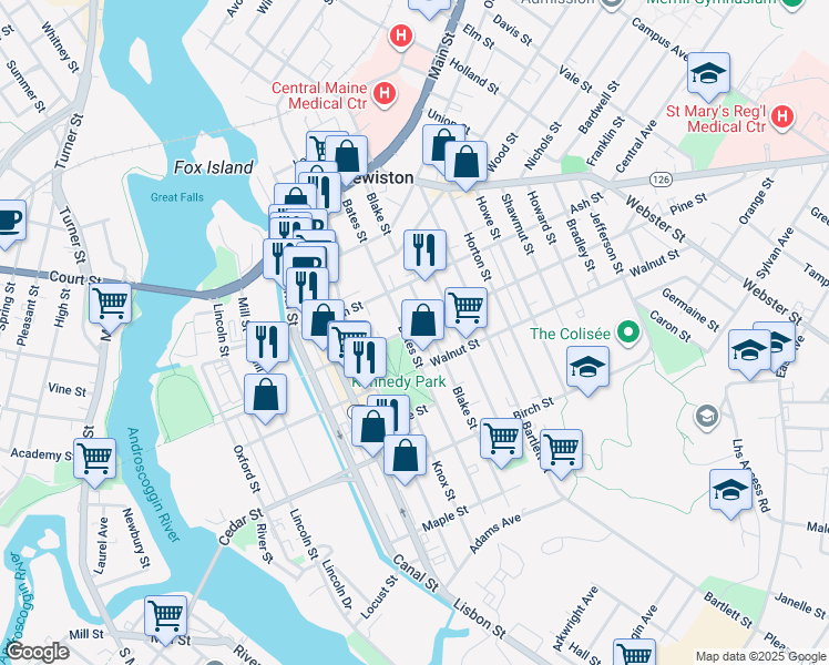 map of restaurants, bars, coffee shops, grocery stores, and more near 73 Pine Street in Lewiston