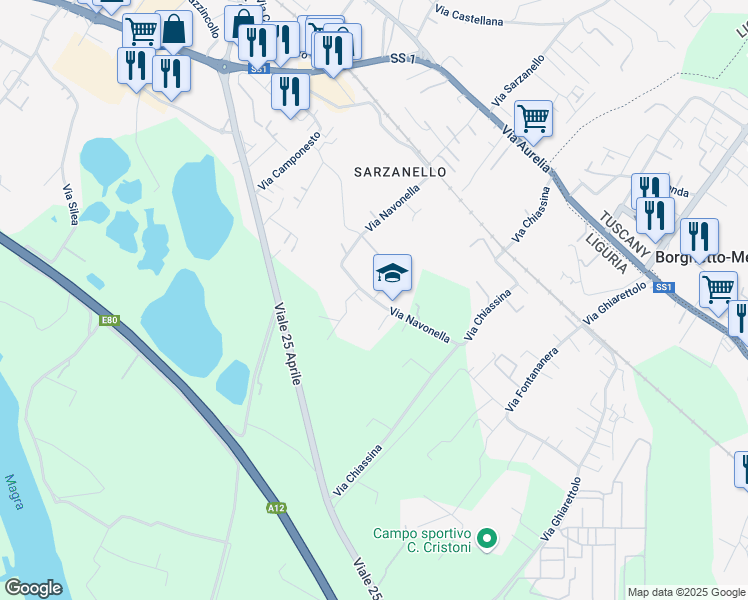 map of restaurants, bars, coffee shops, grocery stores, and more near 19 Via Navonella in Sarzana